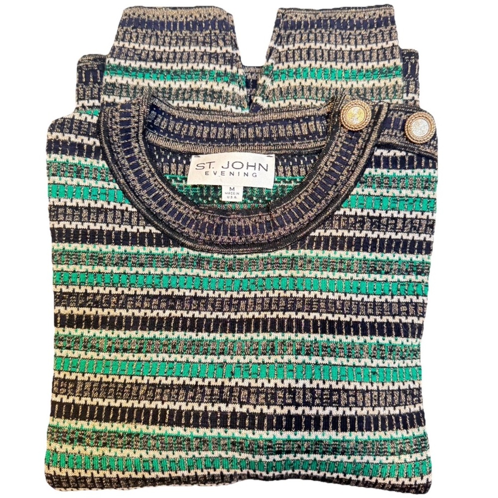 ST. JOHN Evening Striped Knit Pullover Sweater Navy Blue Green Gold - Sz M
